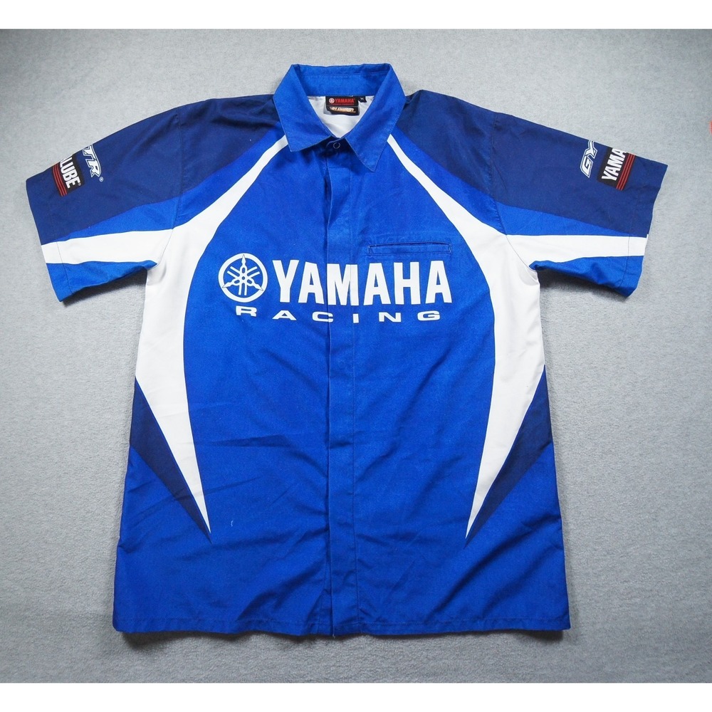 Yamaha Shirt Mens Medium Blue Button Up Snap JH Design Mechanics Racing Workwear